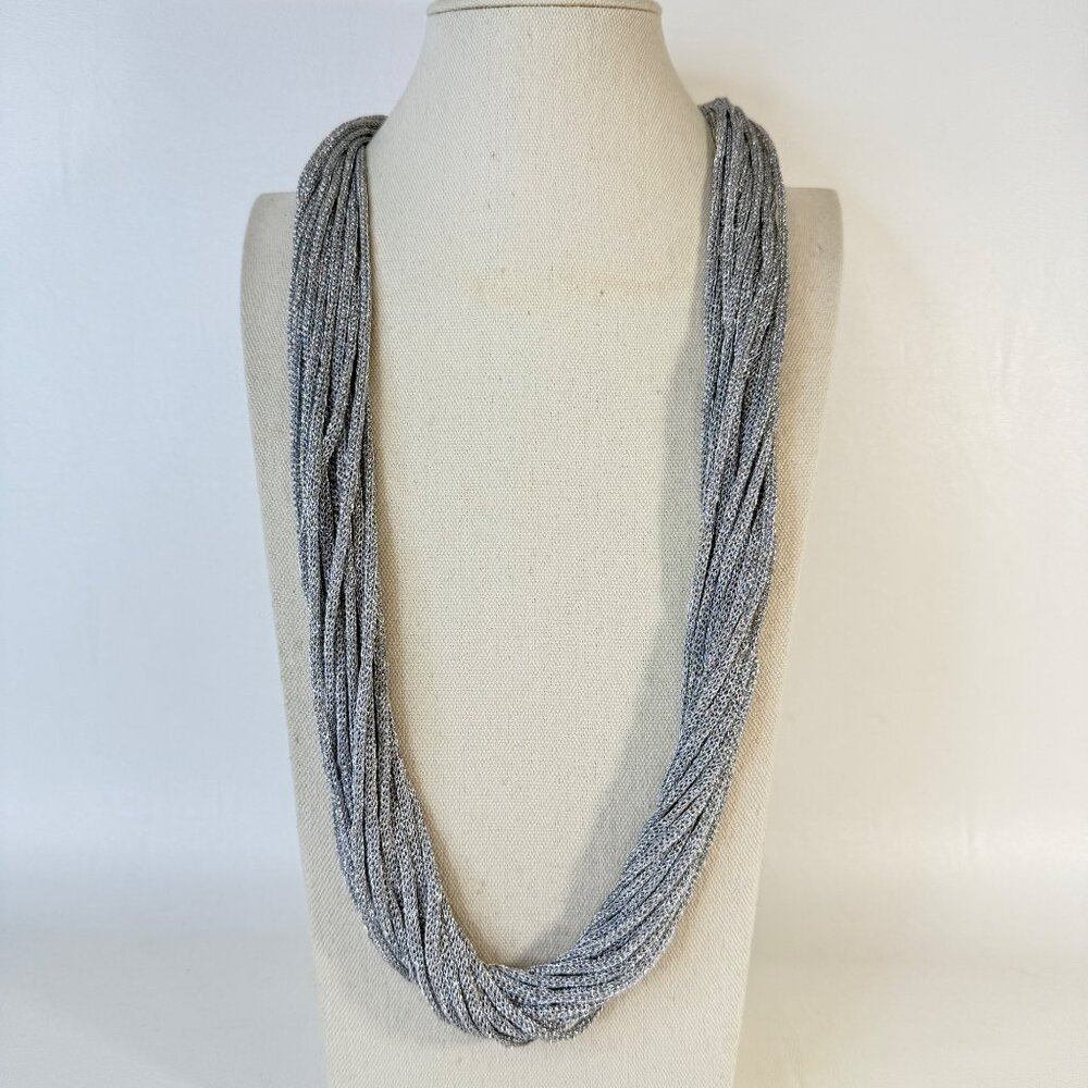 Multi Strand Metallic Cord Twist Necklace Silver Tone Long‎ Length